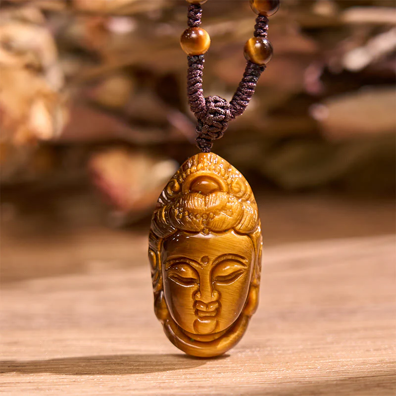 Buddha Stones Occhio di Tigre Kwan Yin Avalokitesvara Testa Corda Forza Collana Pendente - Image 14