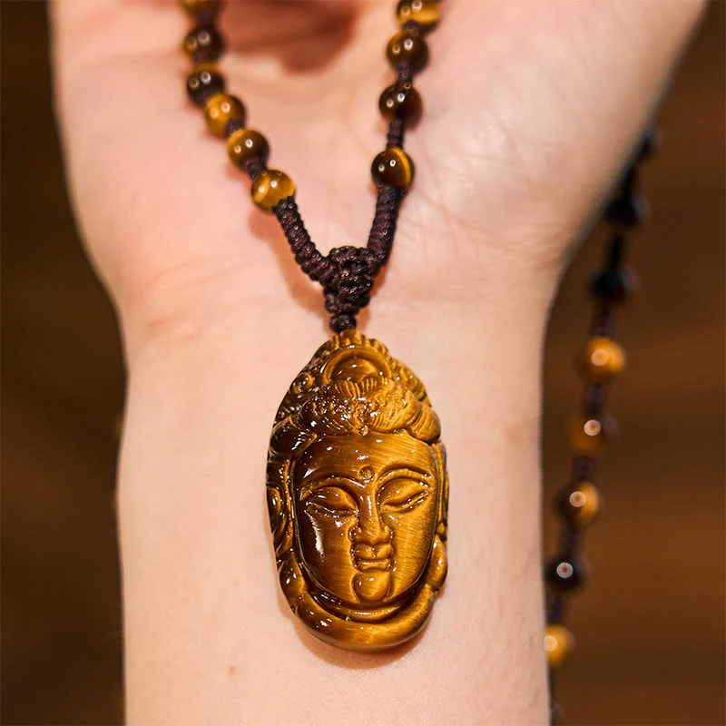 Buddha Stones Occhio di Tigre Kwan Yin Avalokitesvara Testa Corda Forza Collana Pendente - Image 15