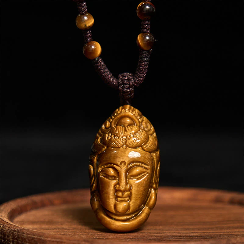 Buddha Stones Occhio di Tigre Kwan Yin Avalokitesvara Testa Corda Forza Collana Pendente - Image 16