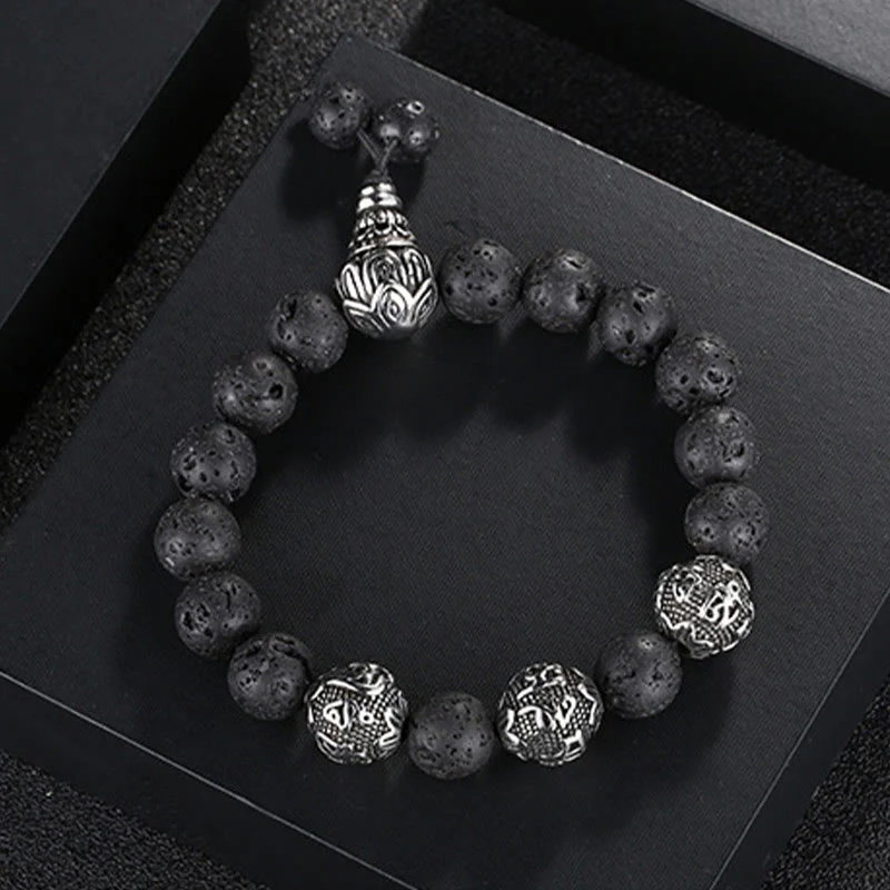 Buddha Stones Occhio di Tigre Naturale Roccia Lavica Ossidiana Nera Acciaio al Titanio Braccialetto di Protezione Om Mani Padme Hum delle Sei Vere Parole - Image 10