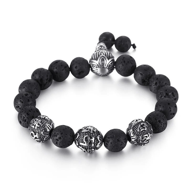Buddha Stones Occhio di Tigre Naturale Roccia Lavica Ossidiana Nera Acciaio al Titanio Braccialetto di Protezione Om Mani Padme Hum delle Sei Vere Parole - Image 11