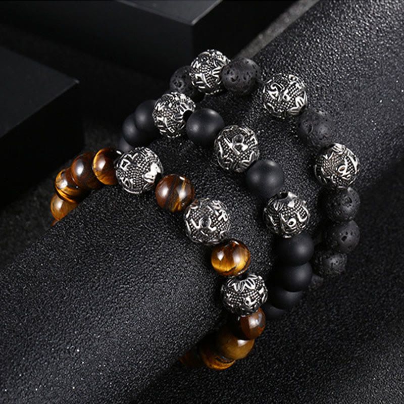 Buddha Stones Occhio di Tigre Naturale Roccia Lavica Ossidiana Nera Acciaio al Titanio Braccialetto di Protezione Om Mani Padme Hum delle Sei Vere Parole - Image 19