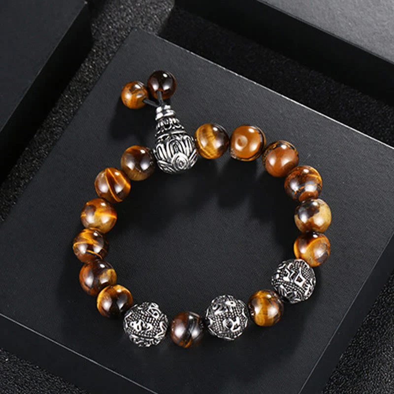 Buddha Stones Occhio di Tigre Naturale Roccia Lavica Ossidiana Nera Acciaio al Titanio Braccialetto di Protezione Om Mani Padme Hum delle Sei Vere Parole - Image 2