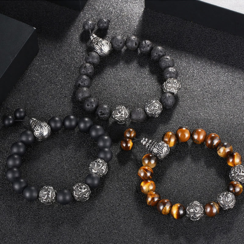 Buddha Stones Occhio di Tigre Naturale Roccia Lavica Ossidiana Nera Acciaio al Titanio Braccialetto di Protezione Om Mani Padme Hum delle Sei Vere Parole - Image 21
