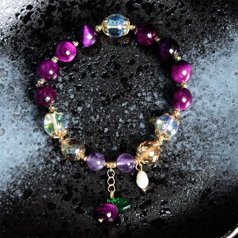 Buddha Stones Occhio di tigre rosso naturale Perle di occhio di tigre viola Braccialetto di protezione con foglia verde - Image 10