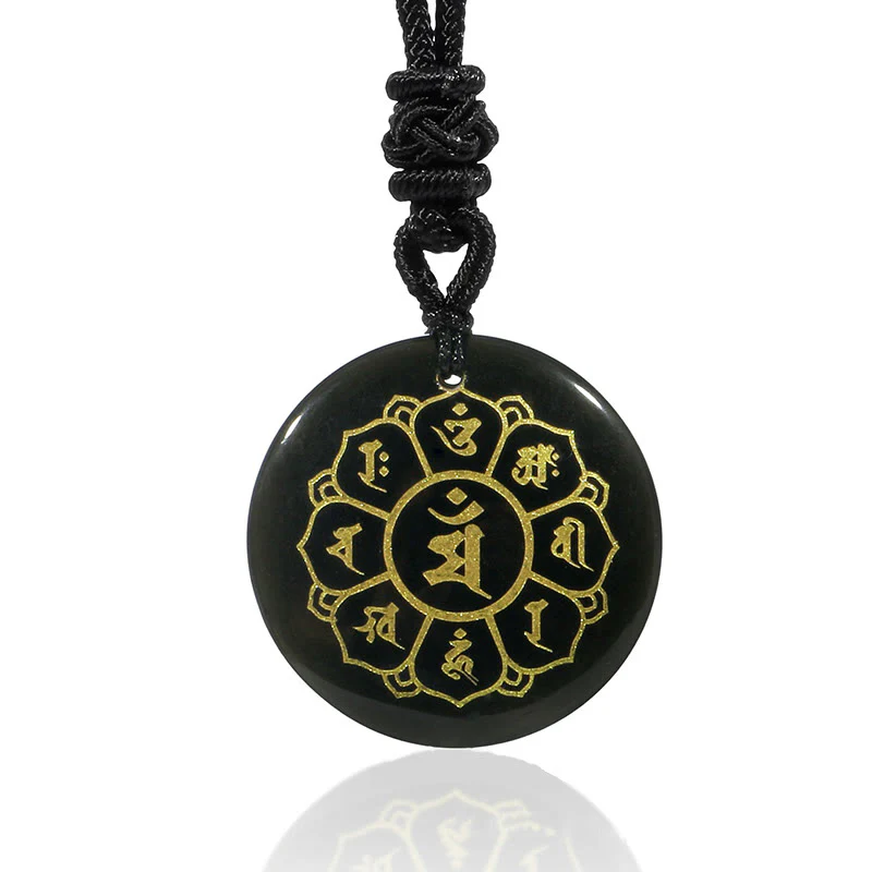 Buddha Stones Om Mani Padme Hum Naturale Vari Cristallo Ossidiana Nera Forza Collana Pendente - Image 4