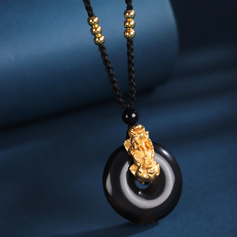 Buddha Stones Onice nero Agata bianca Fibbia della pace Argento Sterling 999 Oro PiXiu Collana con ciondolo della fortuna - Image 3