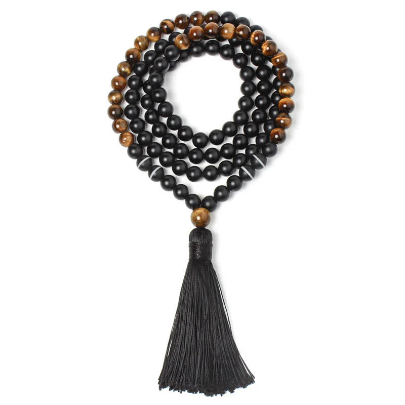 Buddha Stones Onice Nero Occhio di Tigre Braccialetto della Fortuna Collana con Nappa Pendente - Image 3