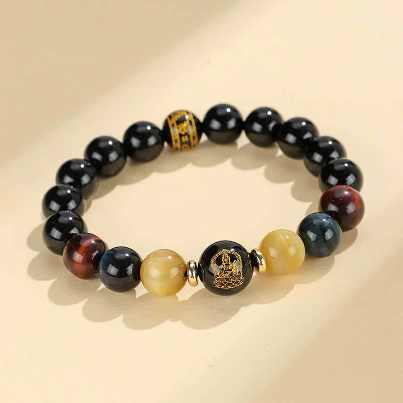 Buddha Stones Onice nero Occhio di tigre Om Mani Padme Hum Zodiaco cinese Braccialetto di supporto del Buddha di Natale - Image 14