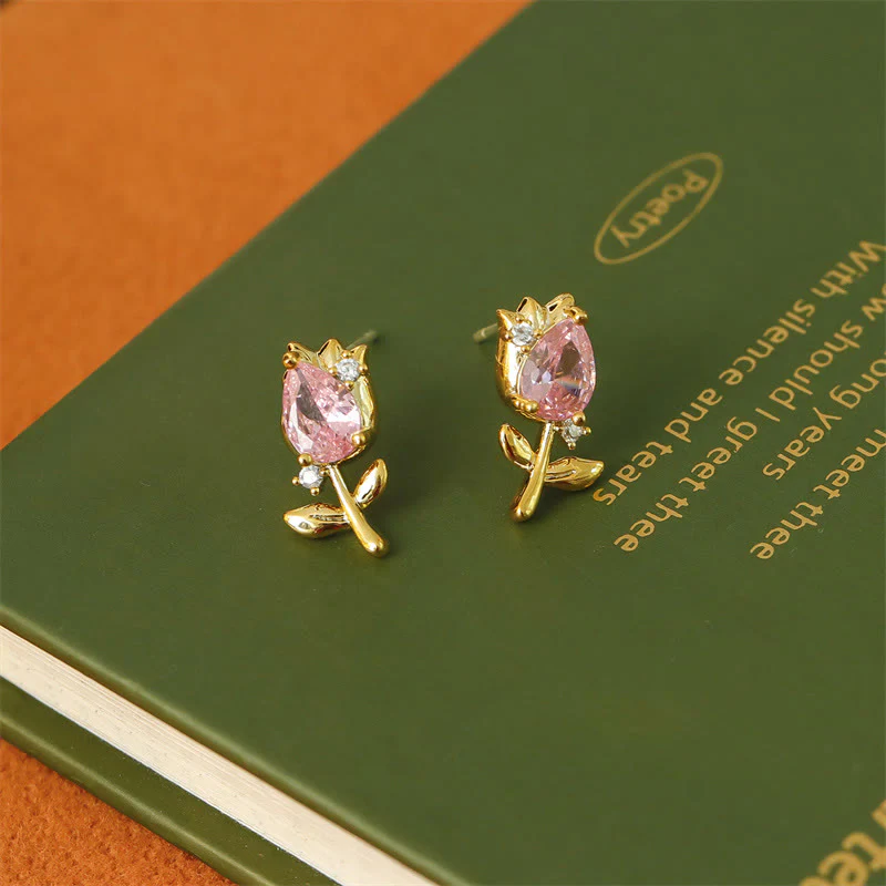 Buddha Stones Orecchini a perno curativi a forma di tulipano rosa e viola con zirconi e rame. - Image 3