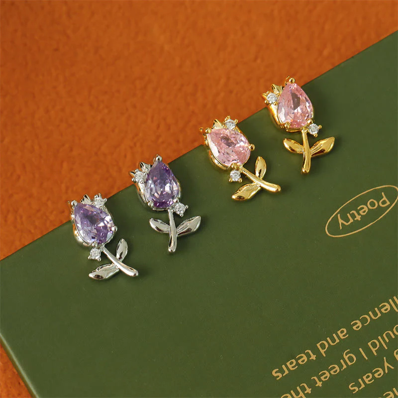 Buddha Stones Orecchini a perno curativi a forma di tulipano rosa e viola con zirconi e rame. - Image 8