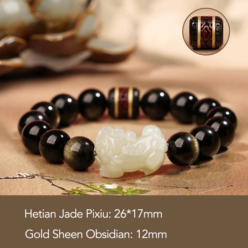 Buddha Stones Oro Naturale Lucentezza Ossidiana Giada Ciano Hetian Giada Bianca Bracciale PiXiu Ricchezza - Image 8
