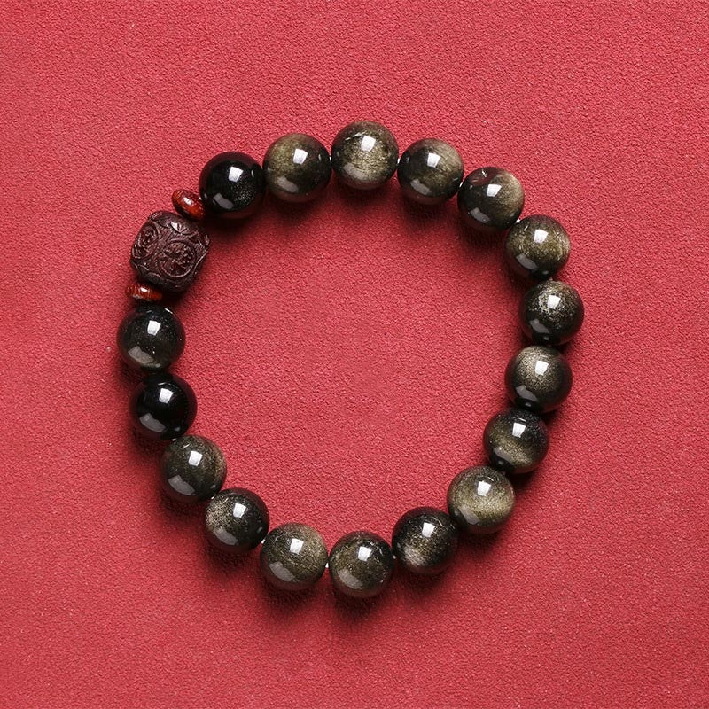 Buddha Stones Oro Naturale Ossidiana Lucente Arcobaleno Ossidiana Om Mani Padme Hum Fu Carattere Braccialetto di Guarigione - Image 14