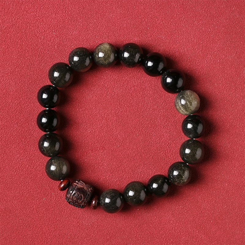 Buddha Stones Oro Naturale Ossidiana Lucente Arcobaleno Ossidiana Om Mani Padme Hum Fu Carattere Braccialetto di Guarigione - Image 19