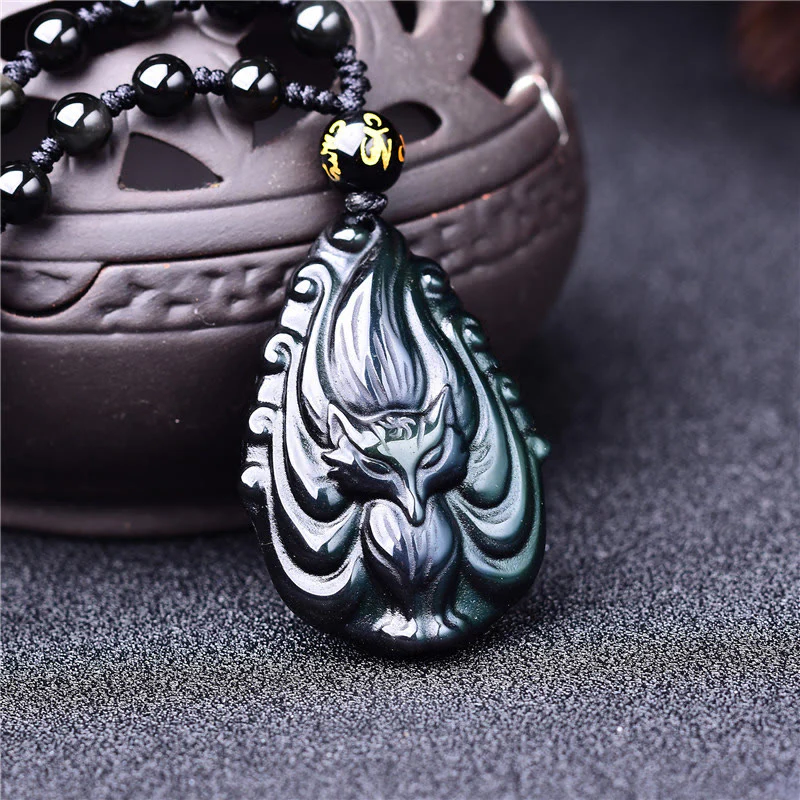 Buddha Stones Ossidiana arcobaleno naturale Volpe a nove code Collana di pace interiore Ciondolo con perline - Image 2