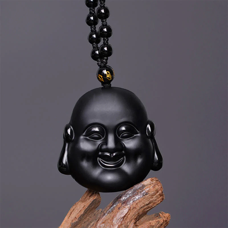 Buddha Stones Ossidiana nera naturale Buddha che ride Collana pendente di purificazione - Image 2