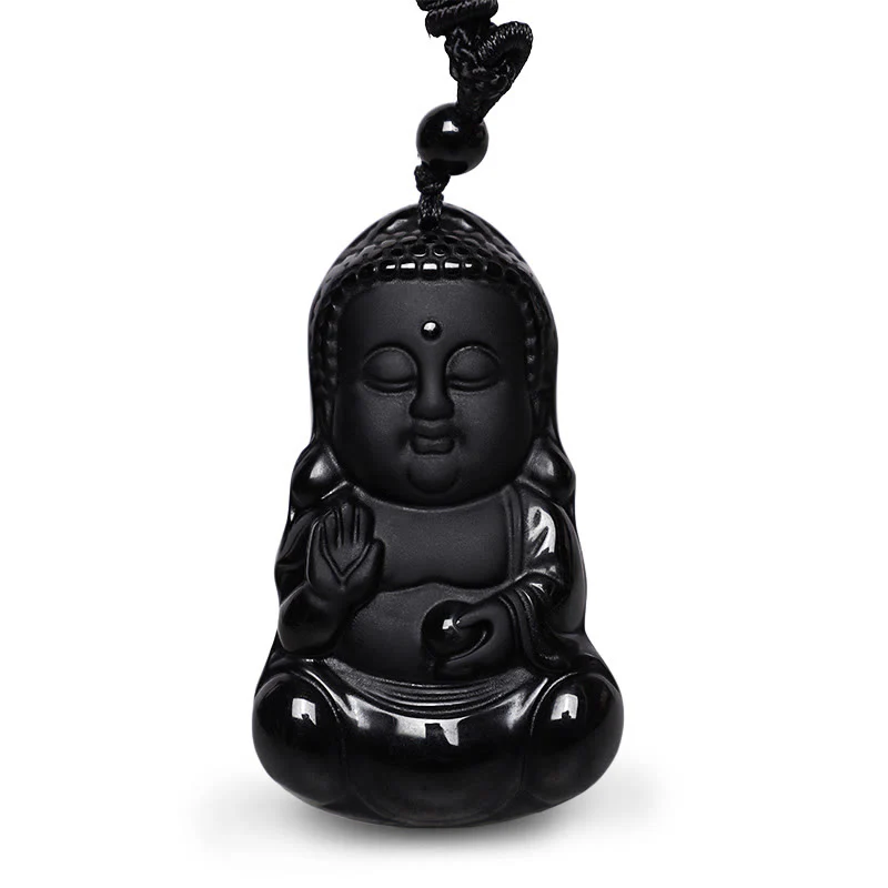 Buddha Stones Ossidiana nera naturale Cristallo Buddha Forza Protezione Amuleto Portafortuna Collana Pendente - Image 2