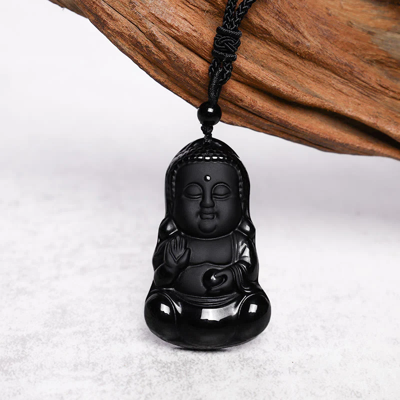 Buddha Stones Ossidiana nera naturale Cristallo Buddha Forza Protezione Amuleto Portafortuna Collana Pendente - Image 4
