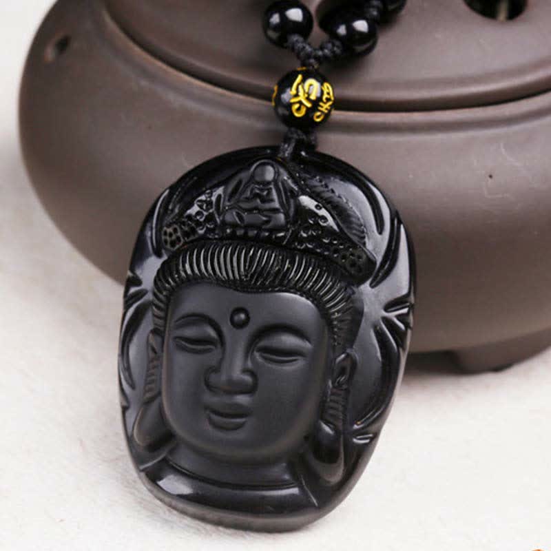 Buddha Stones Ossidiana nera naturale Kwan Yin Avalokitesvara Forza Collana con ciondolo - Image 7
