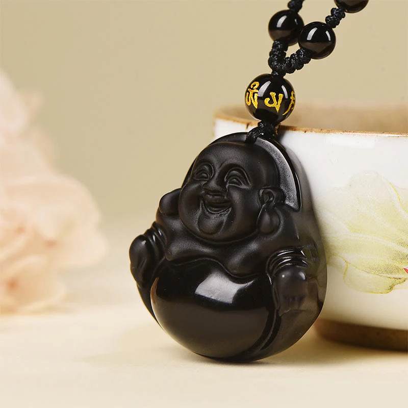 Buddha Stones Ossidiana nera naturale Ossidiana di ghiaccio Buddha che ride Collana pendente di purificazione - Image 14