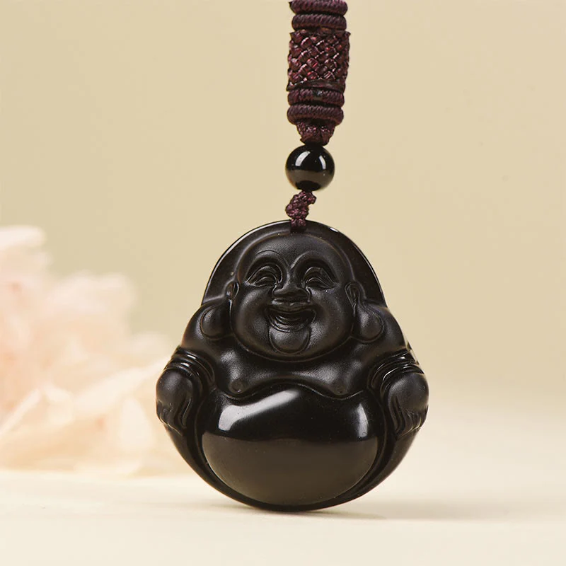 Buddha Stones Ossidiana nera naturale Ossidiana di ghiaccio Buddha che ride Collana pendente di purificazione - Image 9