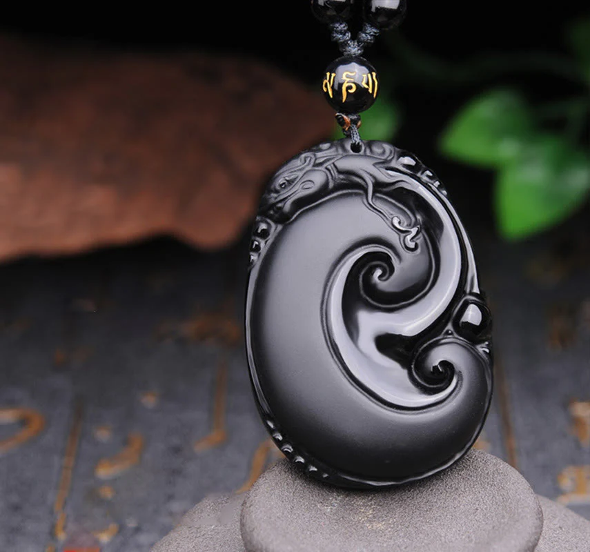 Buddha Stones Ossidiana nera naturale PiXiu modello ovale forza collana pendente