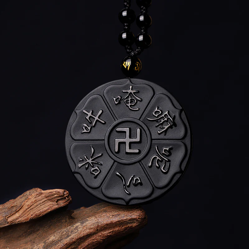 Buddha Stones Ossidiana nera naturale Tibetana Om Mani Padme Hum Buddha Svastica Collana con ciondolo portafortuna