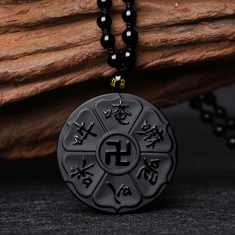 Buddha Stones Ossidiana nera naturale Tibetana Om Mani Padme Hum Buddha Svastica Collana con ciondolo portafortuna - Image 6
