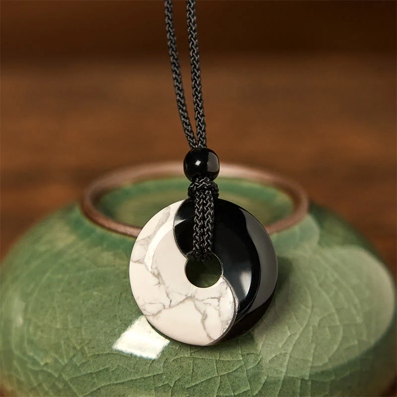 Buddha Stones Ossidiana nera naturale Turchese bianco Yin Yang Pace Fibbia Design Corda intrecciata Forza Collana Pendente