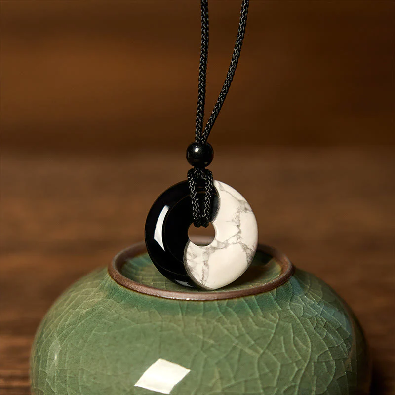 Buddha Stones Ossidiana nera naturale Turchese bianco Yin Yang Pace Fibbia Design Corda intrecciata Forza Collana Pendente - Image 2