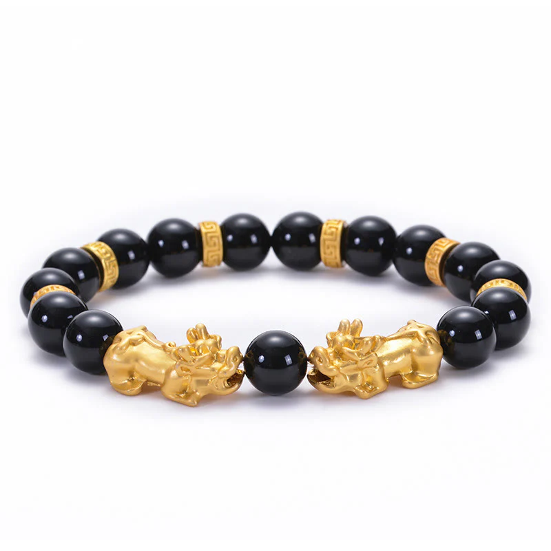 Buddha Stones Ossidiana nera Onice nero Lega dorata Due PiXiu Om Mani Padme Hum Braccialetto di forza - Image 11