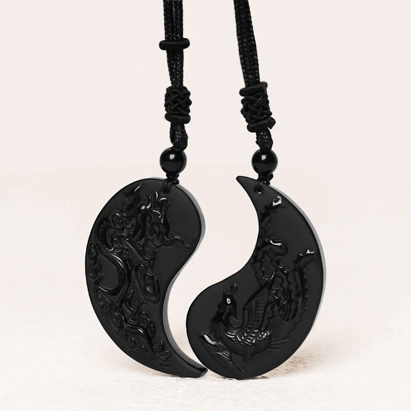 Buddha Stones Ossidiana nera Yin Yang Drago Fenice Collana pendente fortuna - Image 2