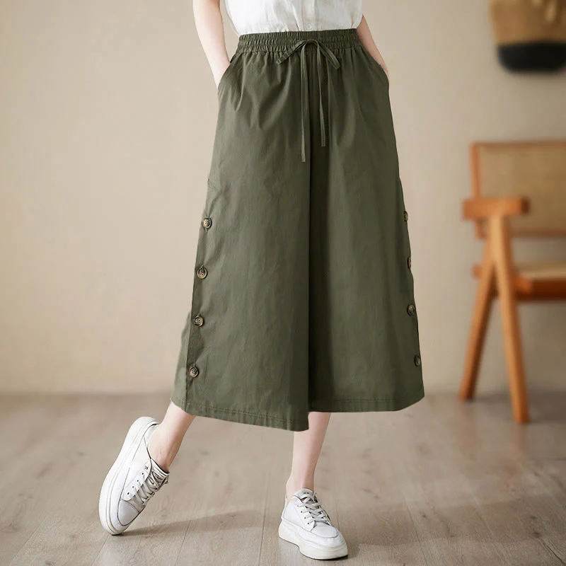 Buddha Stones Pantaloni Capri a gamba larga da donna con tasche e design laterale abbottonato semplice - Image 11