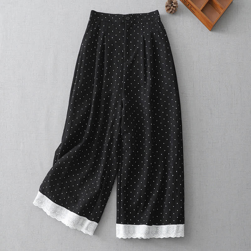 Buddha Stones Pantaloni capri da donna a gamba larga in cotone con inserti in pizzo a pois e tasche.