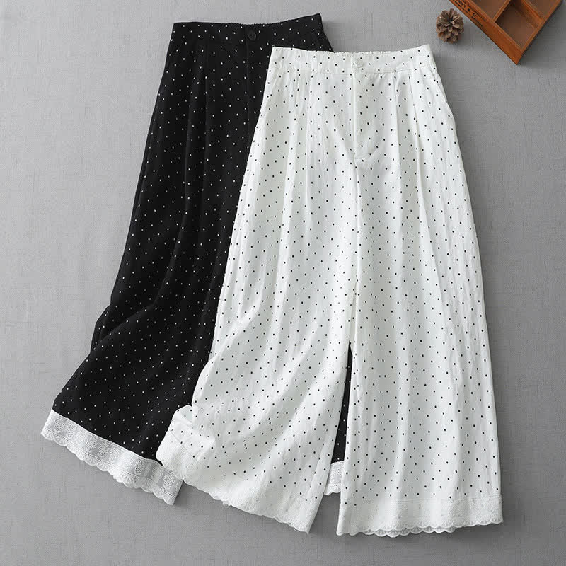 Buddha Stones Pantaloni capri da donna a gamba larga in cotone con inserti in pizzo a pois e tasche. - Image 14