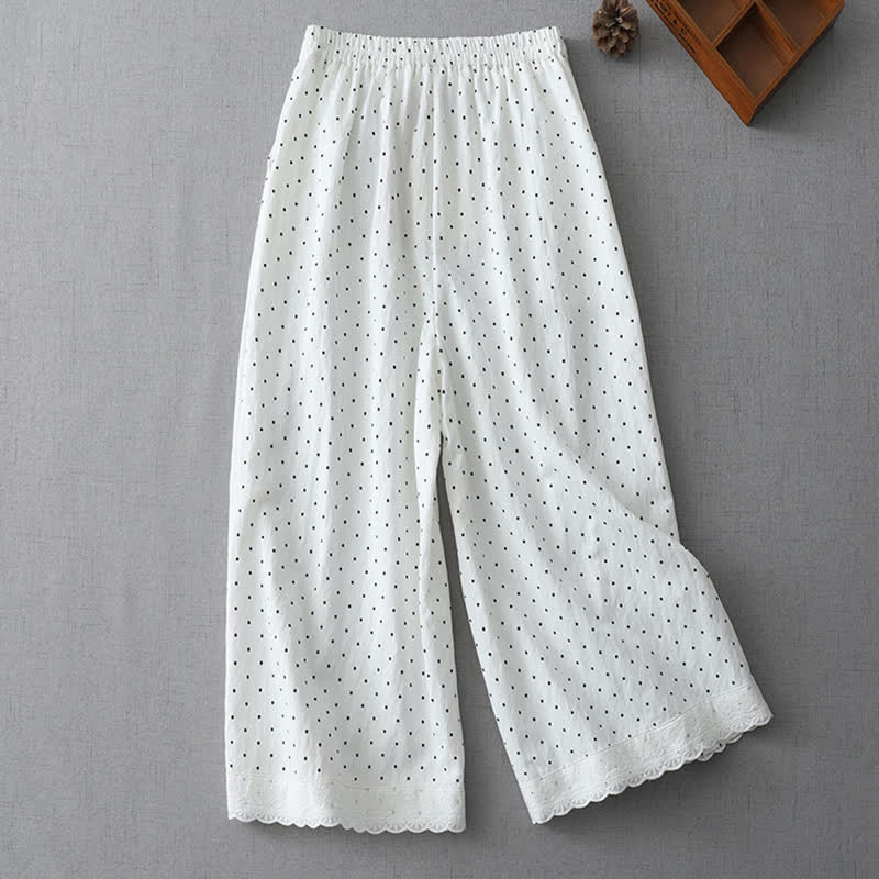 Buddha Stones Pantaloni capri da donna a gamba larga in cotone con inserti in pizzo a pois e tasche. - Image 6