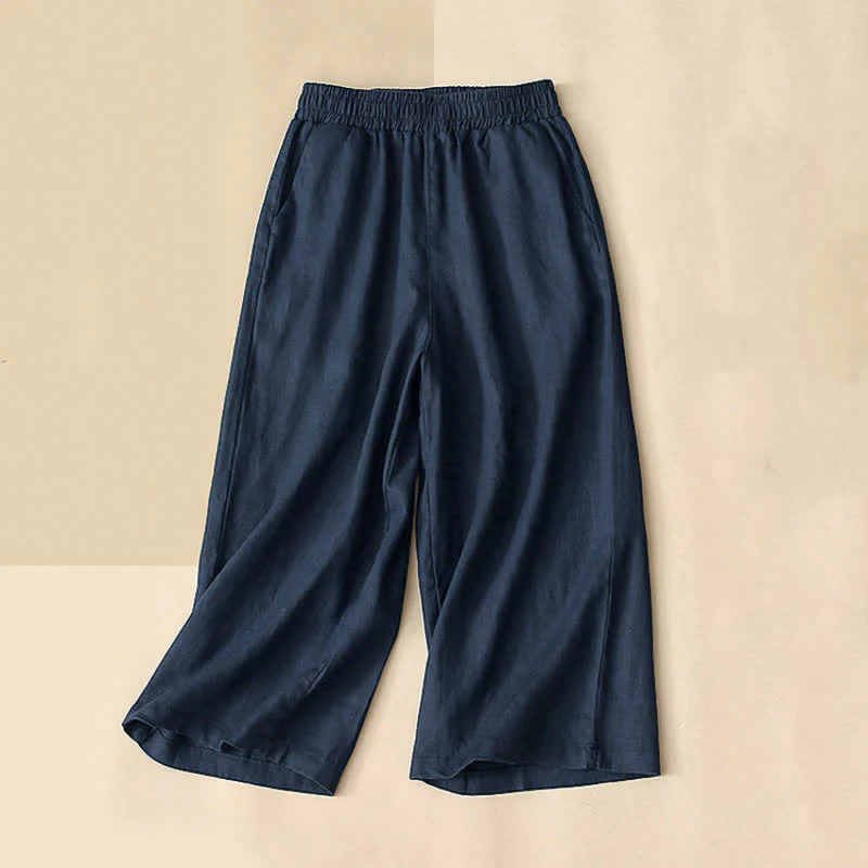 Buddha Stones Pantaloni capri da donna a vita alta, gamba larga, in cotone, con tasche. - Image 10