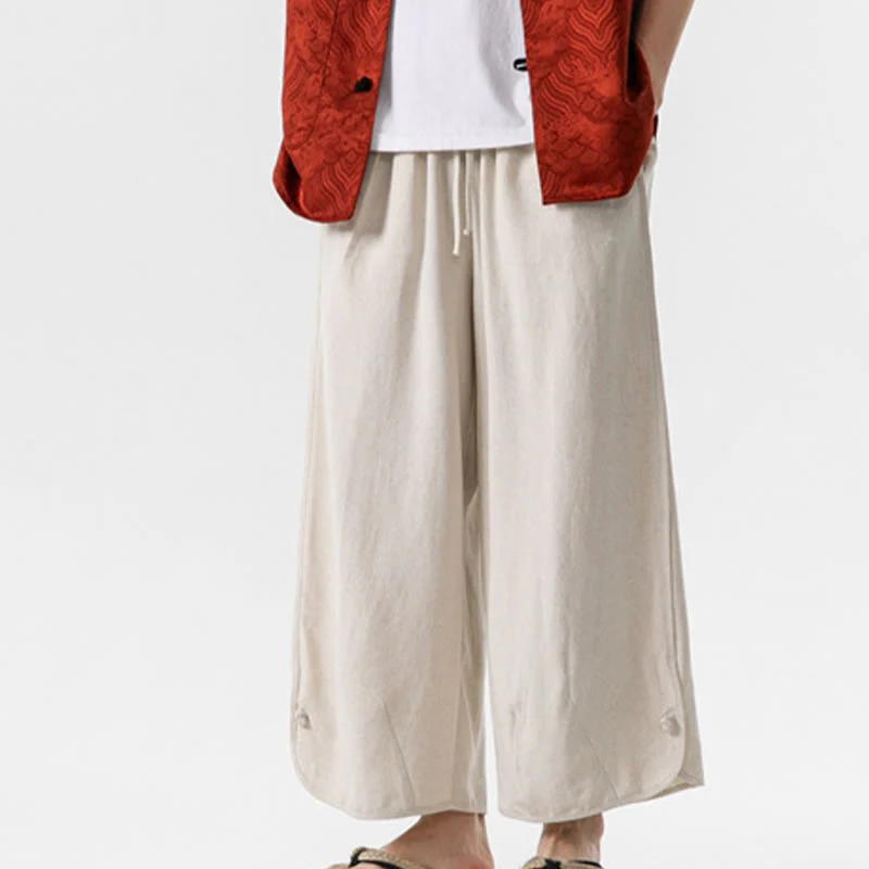 Buddha Stones Pantaloni casual larghi da uomo in cotone e lino con bottoni a rana, lunghezza 7-8, con tasche