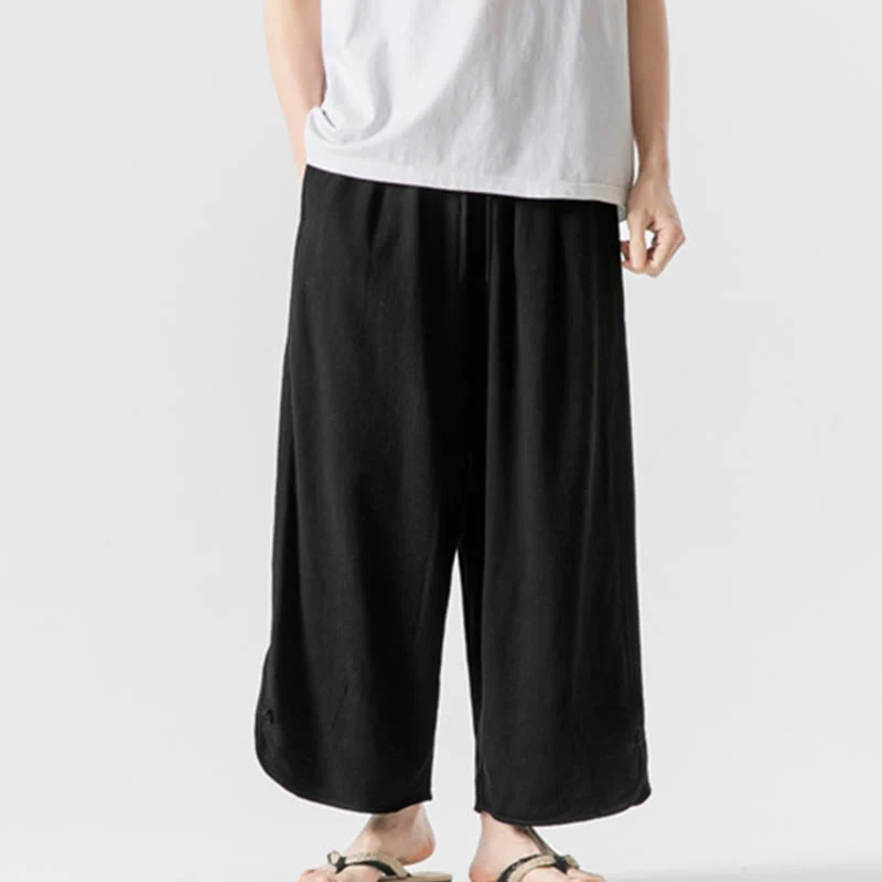 Buddha Stones Pantaloni casual larghi da uomo in cotone e lino con bottoni a rana, lunghezza 7-8, con tasche - Image 12