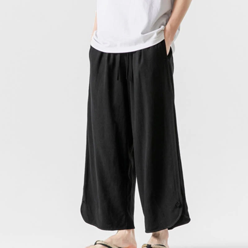 Buddha Stones Pantaloni casual larghi da uomo in cotone e lino con bottoni a rana, lunghezza 7-8, con tasche - Image 17