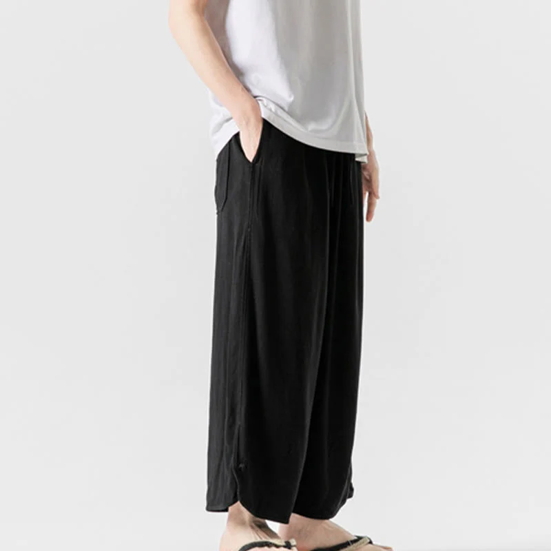 Buddha Stones Pantaloni casual larghi da uomo in cotone e lino con bottoni a rana, lunghezza 7-8, con tasche - Image 18