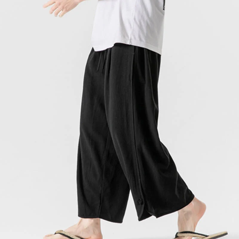 Buddha Stones Pantaloni casual larghi da uomo in cotone e lino con bottoni a rana, lunghezza 7-8, con tasche - Image 19