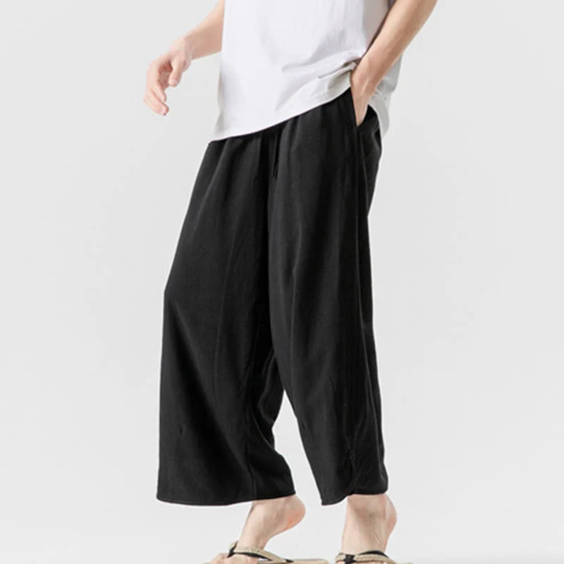 Buddha Stones Pantaloni casual larghi da uomo in cotone e lino con bottoni a rana, lunghezza 7-8, con tasche - Image 20