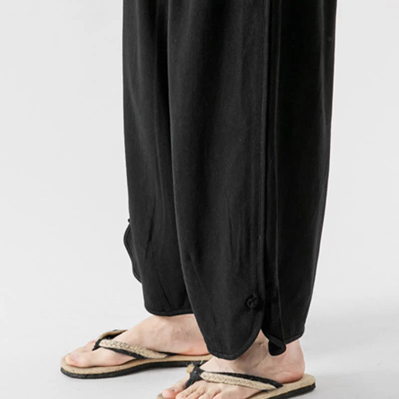 Buddha Stones Pantaloni casual larghi da uomo in cotone e lino con bottoni a rana, lunghezza 7-8, con tasche - Image 23