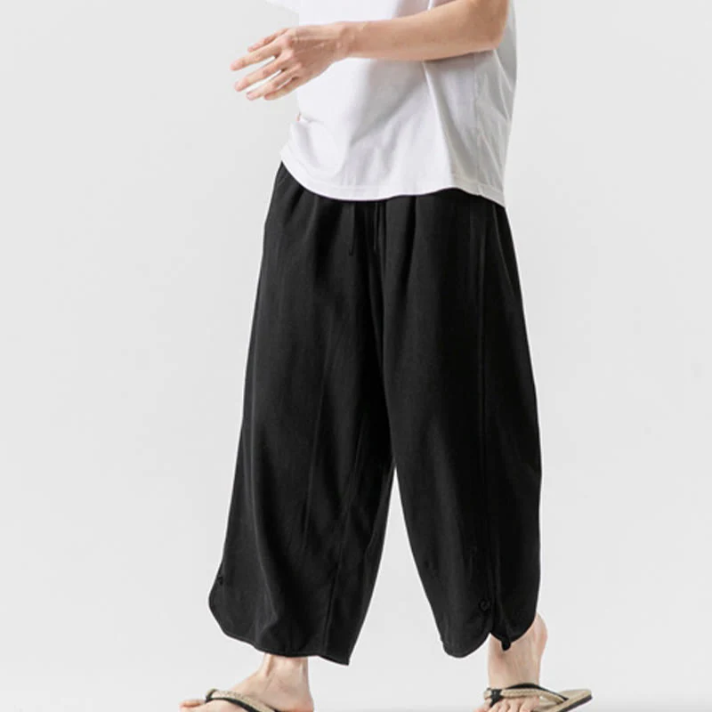 Buddha Stones Pantaloni casual larghi da uomo in cotone e lino con bottoni a rana, lunghezza 7-8, con tasche - Image 26