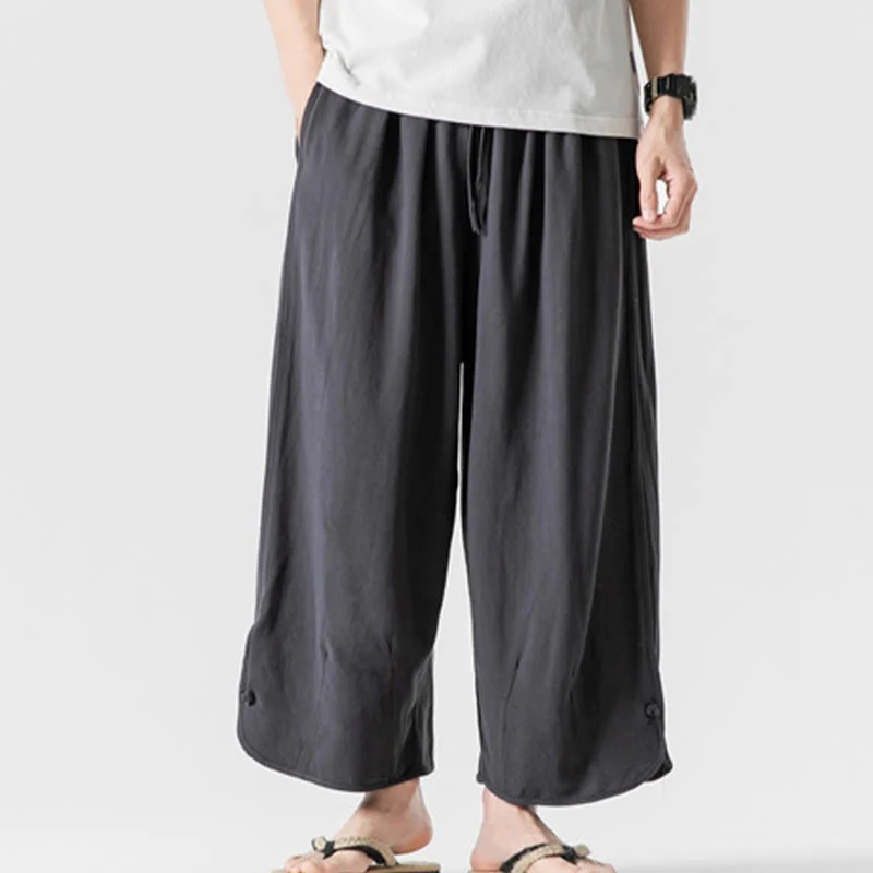Buddha Stones Pantaloni casual larghi da uomo in cotone e lino con bottoni a rana, lunghezza 7-8, con tasche - Image 28