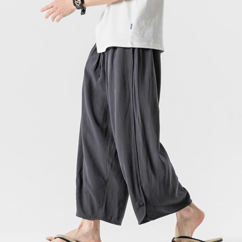 Buddha Stones Pantaloni casual larghi da uomo in cotone e lino con bottoni a rana, lunghezza 7-8, con tasche - Image 37