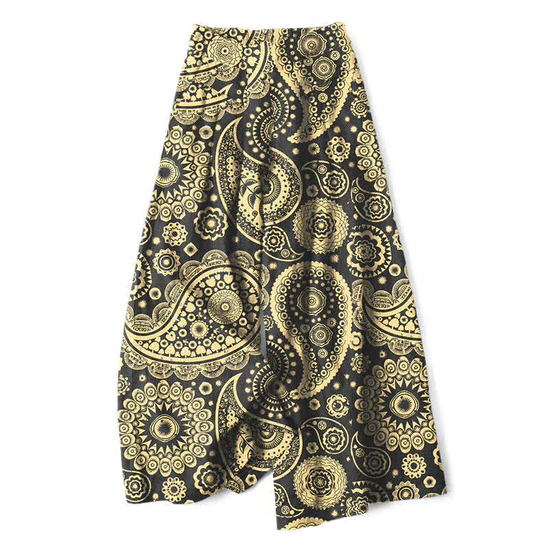 Buddha Stones Pantaloni da donna a gamba larga con elastico in vita e tasche, in cotone e lino, con fantasia paisley bohémien. - Image 5