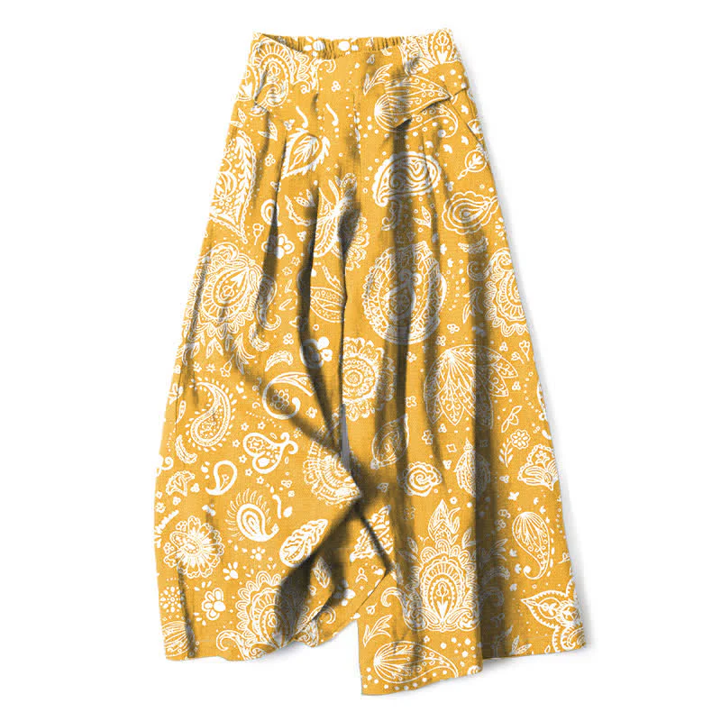 Buddha Stones Pantaloni da donna a gamba larga con elastico in vita e tasche, in cotone e lino, con fantasia paisley color oliva. - Image 7