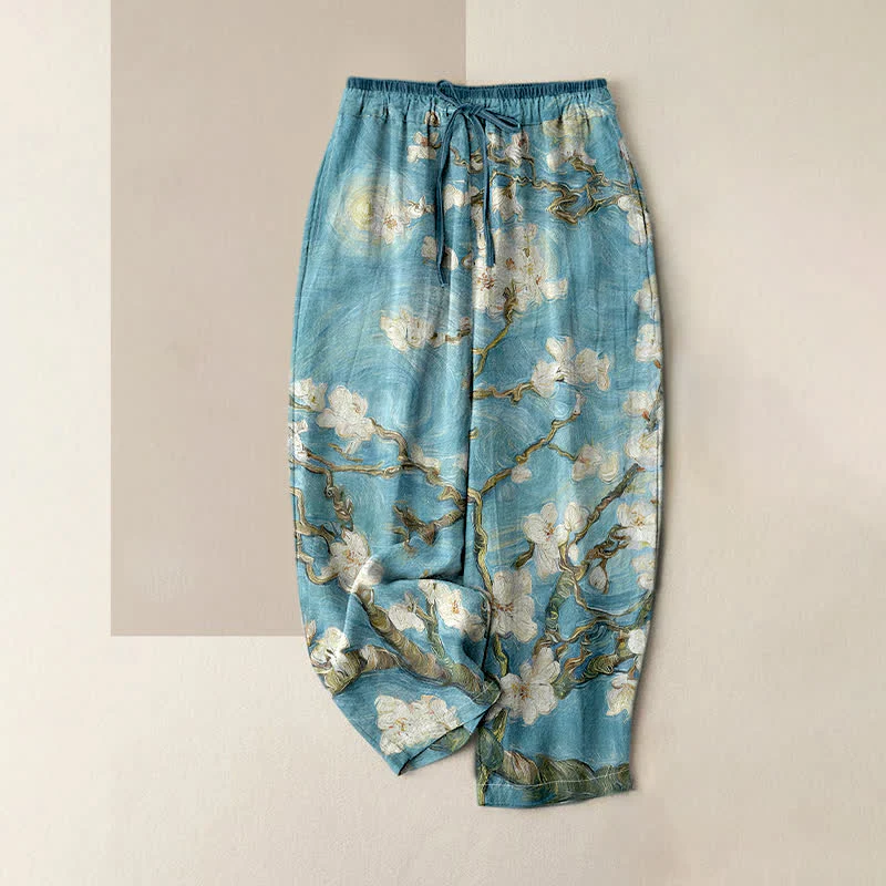 Buddha Stones Pantaloni da donna con elastico in vita e tasche, con motivo "Cielo stellato e mandorlo in fiore" di Van Gogh. - Image 4